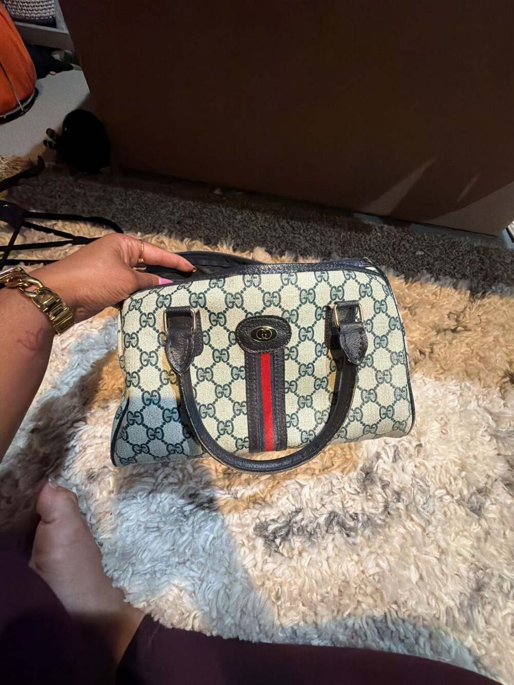 Gucci Beige GG Supreme Satchel with Red and Green Stripe